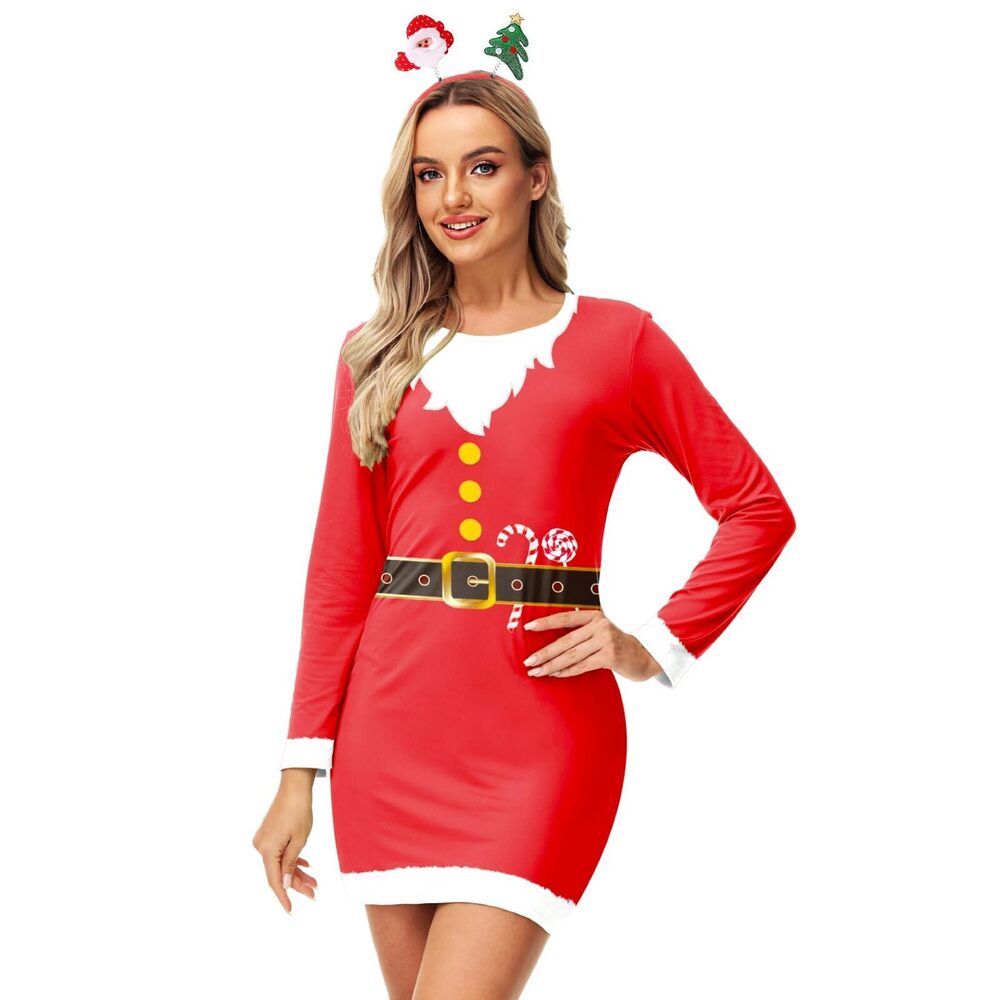 4124 Santa Bodycon Dress Mrs Claus Printed Dresses Ugly Xmas Long Sleeve